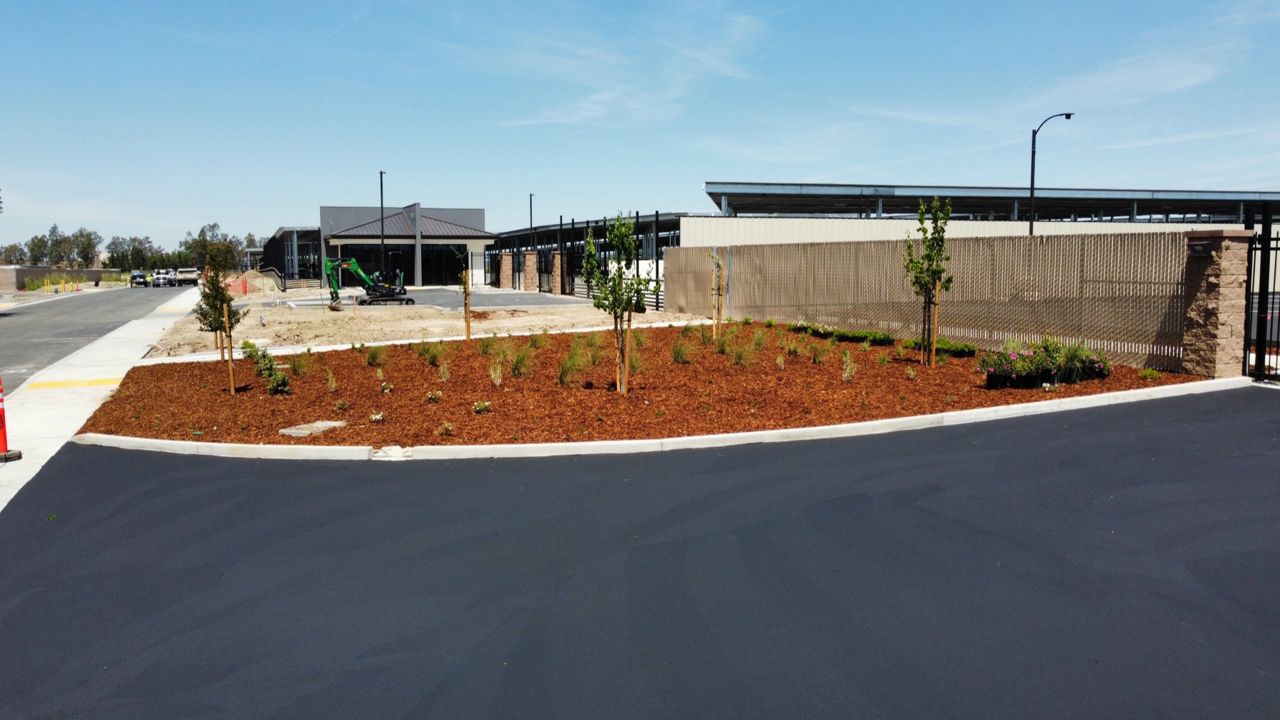 Aerial view of a completed commercial landscape installation