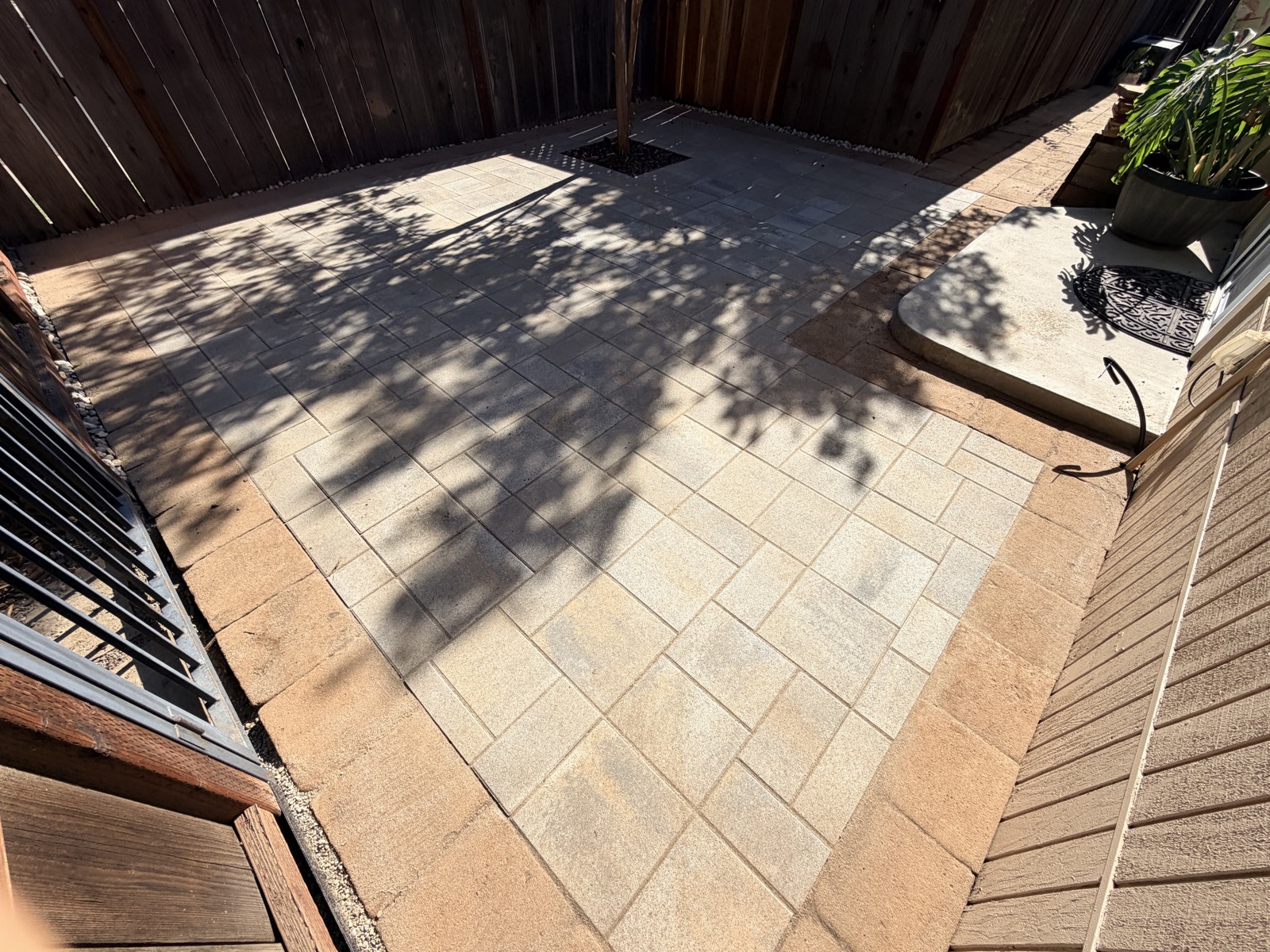 Completed residential paver patio framed by established shade trees